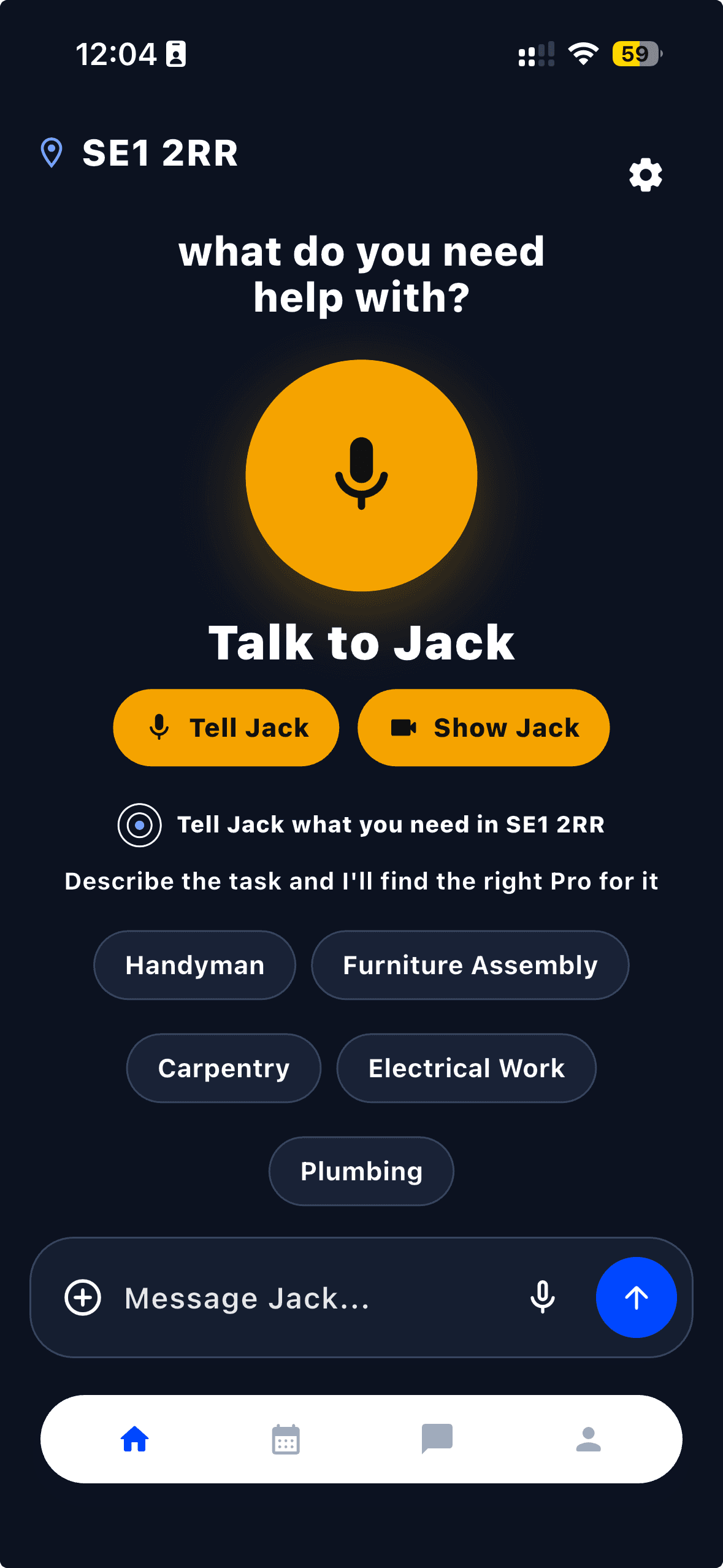 Jack All Trades (JACK) app home screen showing Talk to Jack voice and message controls.