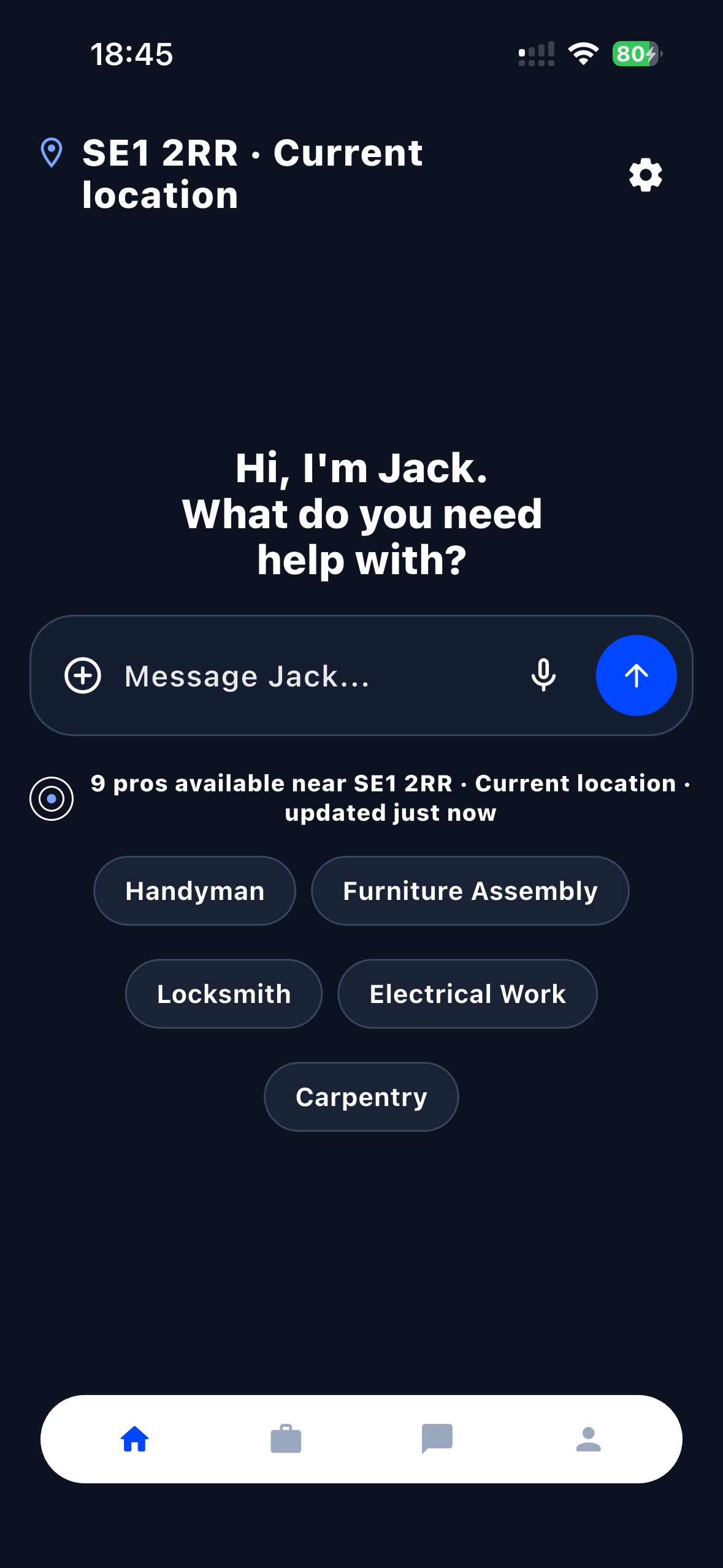 JACK app home screen showing location, job search, and available London pros.